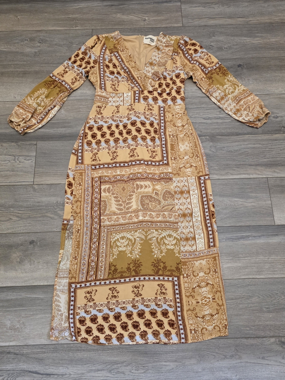 Savanna Jane Boho Patchwork Long Sleeve Maxi Dress Size Small